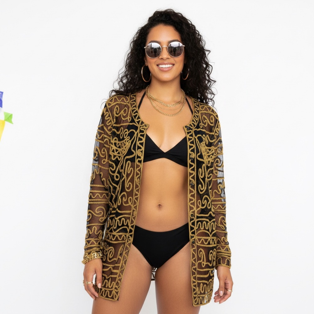 VTG Handmade Gold Embroidered Black Sheer Long Sleeve Festival‎ Beach Top Sz L
